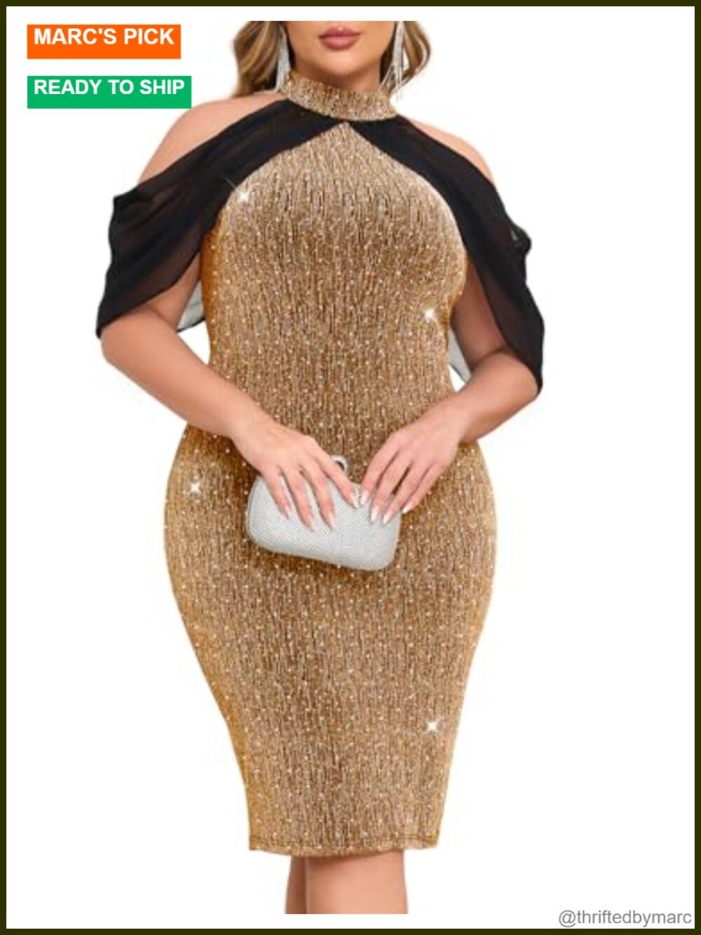 Plus Size Sparkly Bodycon Halter Dress with Chiffon Cape Cocktail Glitter Party